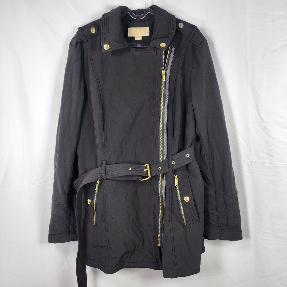Y2K‎ Michael Kors Black Quilted Jacket Belted Moto Womens Large Utility Travel